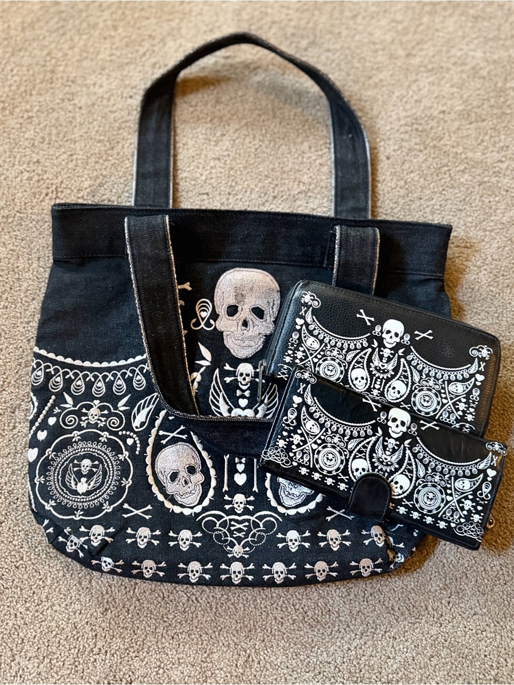Loungefly Black Skull Pattern Tote Bag & two different style wallets that match